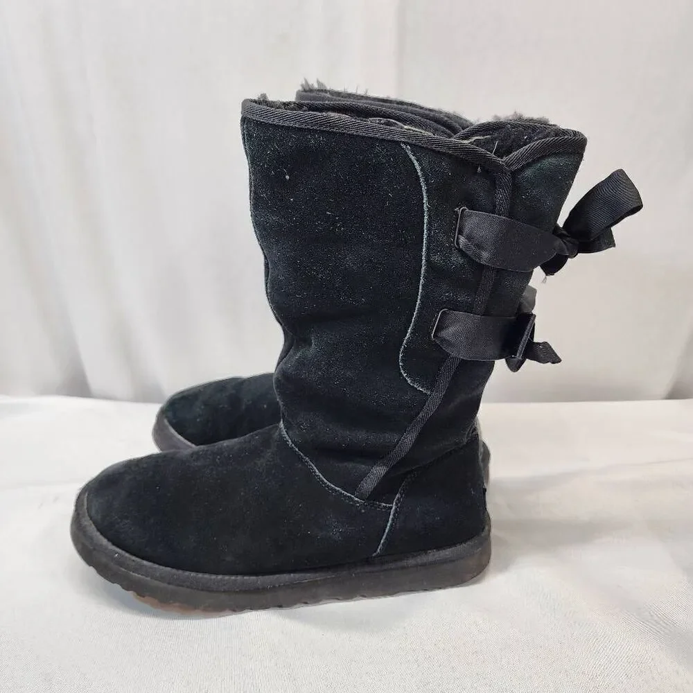 UGG Everleigh Black Suede Double Bow Mid Calf Womens 10 BOOTS Shearling Lining